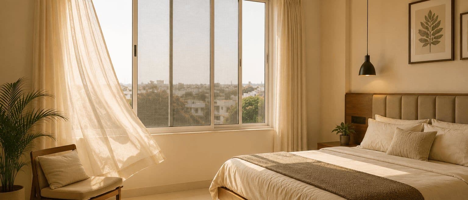Mosquito net installation in Amravati, close detail